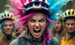 An angry group of female mountain bikers.