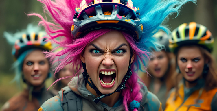 An angry group of female mountain bikers.